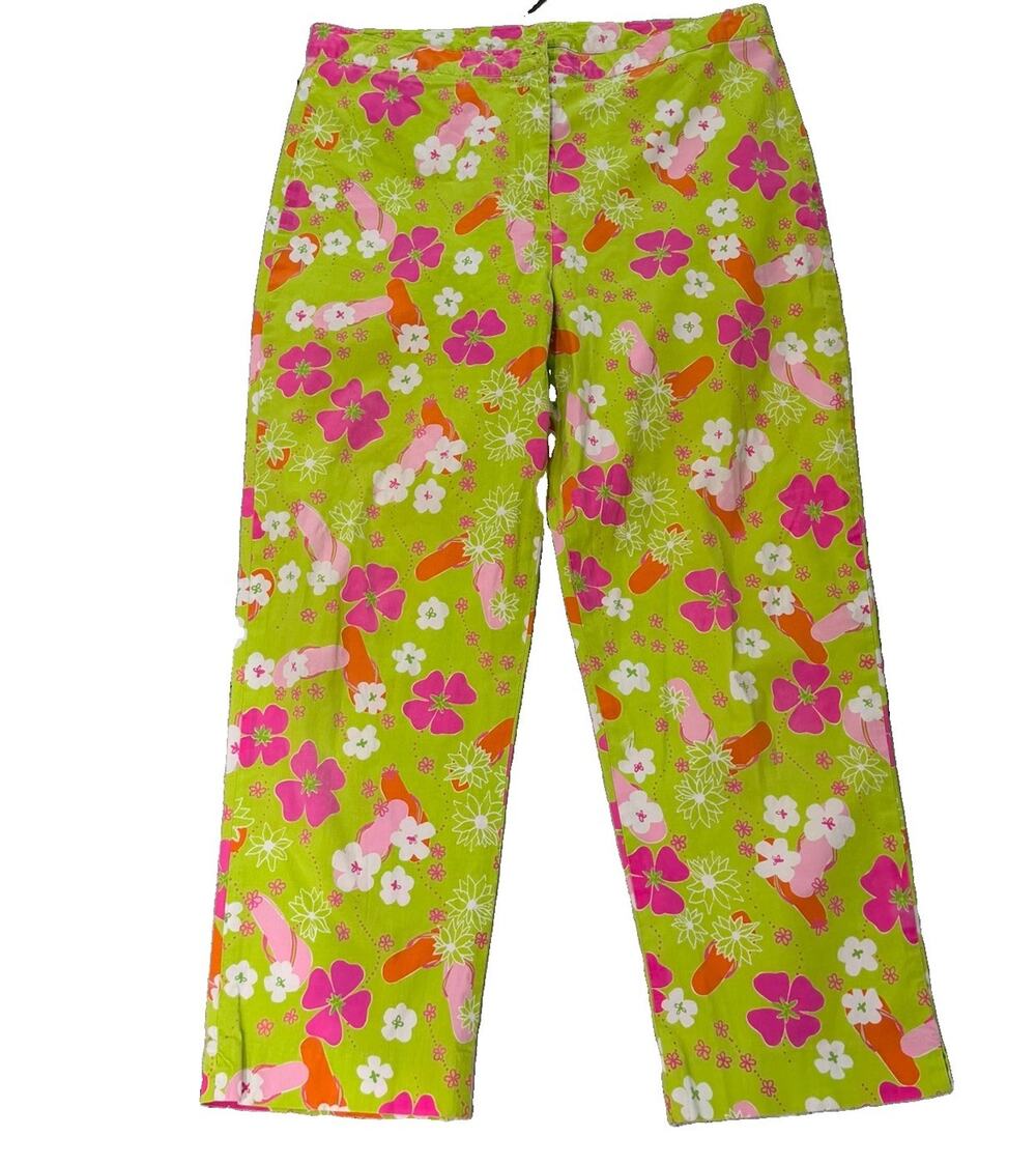 Lilly Pulitzer Green Floral Hibiscus White Label Cropped Pants 10 Stretch VTG